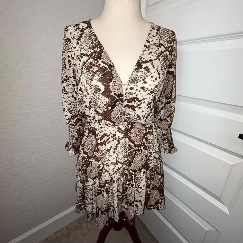 Buddy Love Paltrow Snakeskin Print Ruffle Smocked A-Line Mini Dress